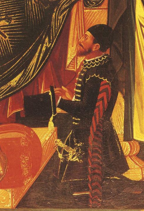 The praying knight is from the painting of ‘Supplication’ deticated to St. George of Greeks in Venice at 1546. The praying man is the Greek Stratioti and knight Kominis Manesis. Look at his hat. 