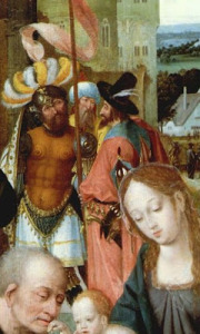 The 16th century painting is called Adoration of the Magi, and is located at the Fitzwilliam Museum in Cambridge. In it, one can see a Greek Stratioti in the role of one of the magi. His black hat is adorned by a feather. 